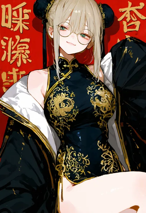 8k wallpaper、  top quality 、  Masterpiece、  748cm style  、Chinese Style、Gold embroidery、 black china dress、 Oversized Jacket、 bob hair、 round glasses、smile,