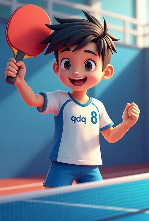  A young male table tennis player in cartoon style , Racket in hand,Prepare to serve，Wearing white and blue clothing，A young cartoon-style male table tennis player with the number eight on it and the word QDQ engraved on it ,  breast peek 