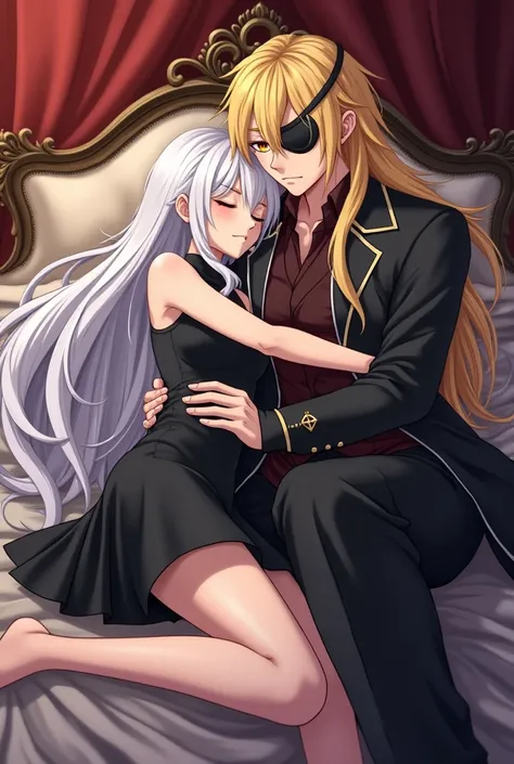 Vampire girl with very long white hair,  short black dress, Sleeping with the pirate boy anime, Sensual and with eye patch,  long blond hair, honey brown eyes . Both sleep on the bed in an elegant room.