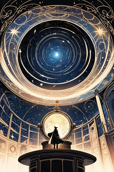 A detailed line art illustration for coloring book: all are colored by monochrome. A magical observatory with a giant telescope pointing at a starry night sky. The room is adorned with celestial charts, floating magical symbols, and glowing constellations ...