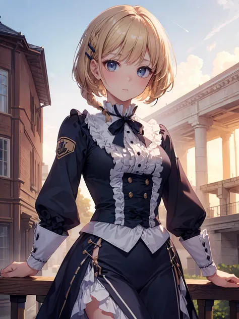 ( top quality、16k、 masterpiece、 ultra high resolution、 Victorian、 Photoreal:1.2)、cowboy shot、 One Length Bob Cut Braided Hair Clip with Front Drop、Branded Uniforms　 cute、 clear 、  tsundere、Heroine&#39;s Attributes　whole body　 miniskirt　 short skirt