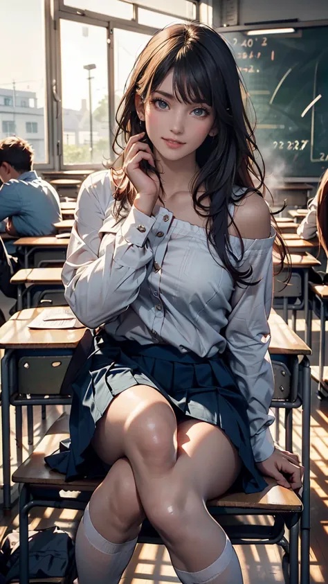  1 girl,  off the shoulder on the head,   light smile,  foggy skin,  top quality,  masterpiece, ( photorealistic in the classroom during breaks:1.4)、 micro mini length pleated skirt、 high socks、barefoot、