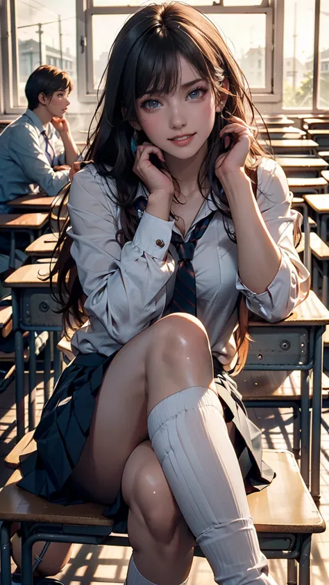  1 girl,  off the shoulder on the head,   light smile,  foggy skin,  top quality,  masterpiece, ( photorealistic in the classroom during breaks:1.4)、 micro mini length pleated skirt、 high socks、barefoot、