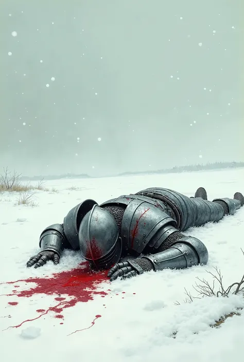 1970's dark fantasy book cover paper art dungeons and dragons style drawing of
A knight bleeding out in snow with minimalist far perspective -ar 9:16