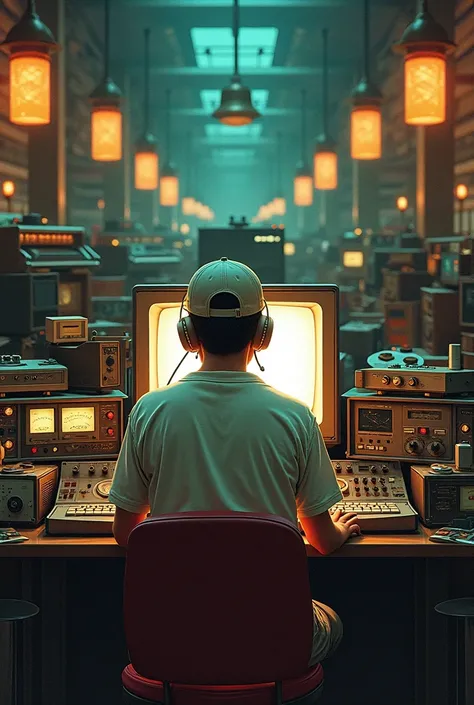  Create a person sitting in front of a computer ,  several analog devices as in the 70s ,  put pianos on him and have the person have a cap on backwards, type scifi vintage art 