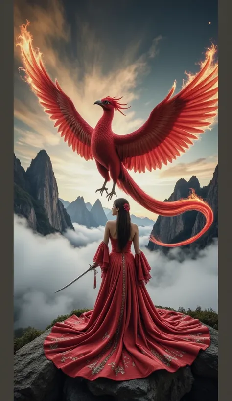 The photo depicts a fantastical and dramatic sight with a woman and a large red phoenix blazing its tail feathers and long winding wingspan .  The woman in a long magnificent red dress ,  with intricate patterns ,  and she holds a sword in her right hand ....