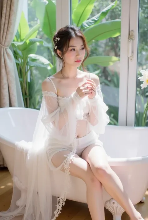 a young woman sitting elegantly on the edge of a white vintage bathtub. She is wearing a delicate white lace outfit with sheer, flowing sleeves, and the fabric drapes gracefully onto the floor. Her hair is styled in a loose, elegant updo adorned with small...