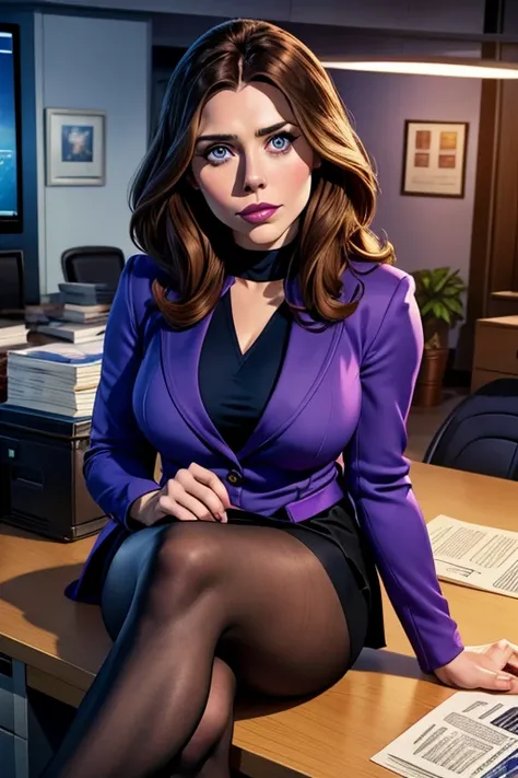 Elizabeth Olsen as DC Comics' Lois Lane seated on a desk inside an office at the Daily Planet. Lois wears a purple blazer, a white blouse, a black skirt, and black high heels. Lois has lovely makeup on her face. Symmetrical eyes. Symmetrical face. Lovely d...