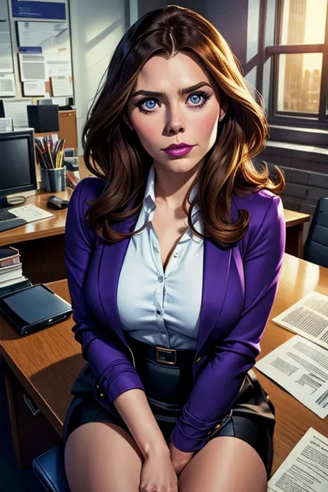 Elizabeth Olsen as DC Comics' Lois Lane seated on a desk inside an office at the Daily Planet. Lois wears a purple blazer, a white blouse, a black skirt, and black high heels. Lois has lovely makeup on her face. Symmetrical eyes. Symmetrical face. Lovely d...