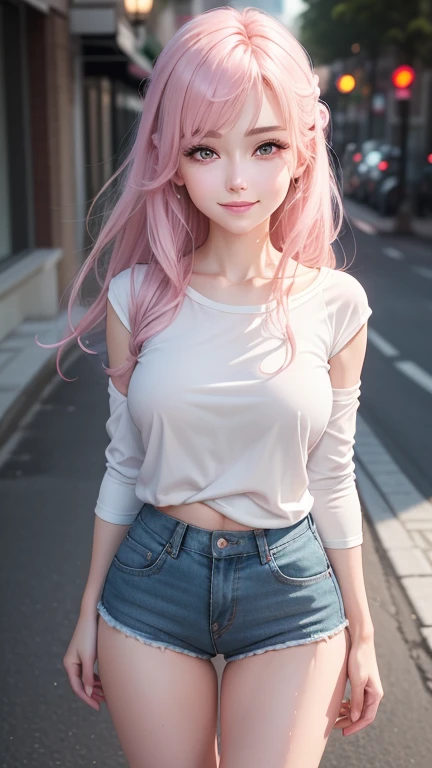 A beautiful anime girl, 3d realistic,Full body portrait, Happy Smile, SFW, Simple And Beautiful white Soft body,slim, Soft White skin, Beautiful face,wet and vibrant colours, detailed,Hd,clean,Have long pinky hairs and Soft, standing outside on the street,...