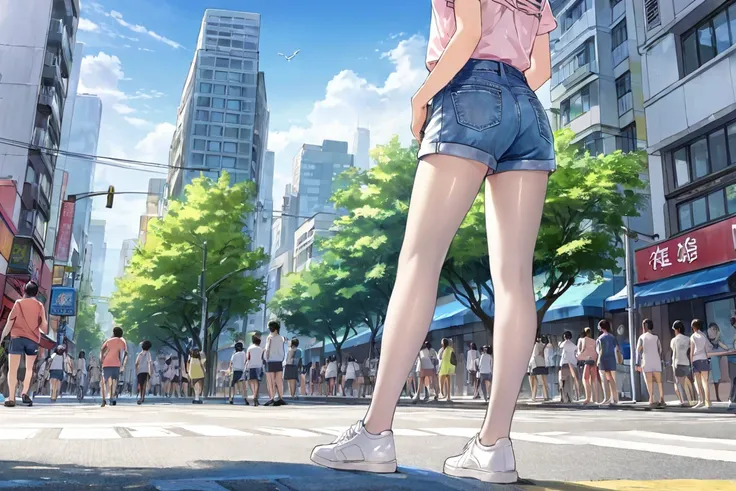 tights、 pee、 pee、 denim shorts in the summer city