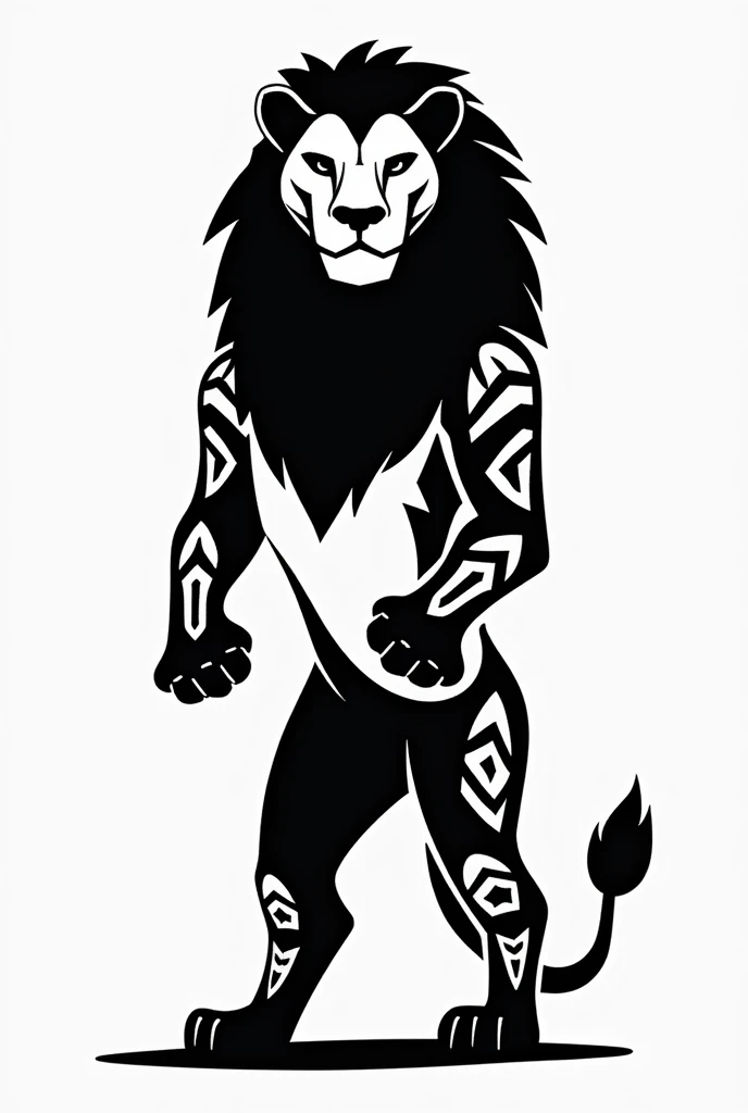 Simple black and white tribal lion standing on hind legs