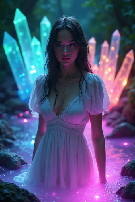 1girl, gorgeous European face, sparkling/glowing blue eyes, long eyelashes, long white dress, very large breasts, looking at viewer, small crucifix necklace. Hundreds of different colored quartz crystals 6 to 9 feet tall, Many hundreds of extremely large((...