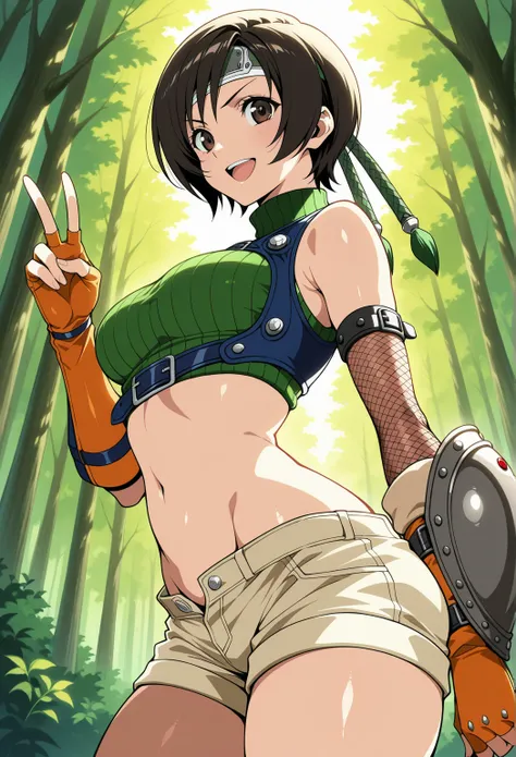 anime_screencap,official style,,anime coloring, anime hd, 1girl, yuffie kisaragi, final fantasy, short hair, black hair, brown eyes,turtleneck, midriff, gloves,lowleg shorts,navel,stomuch, fishnets",medium breasts,,v-shaped eyebrows,groin,(breast size 86),...