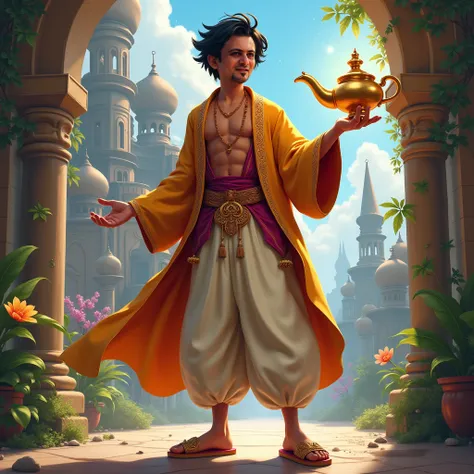 He wears Aladdin's clothes and carries an Aladdin lamp 