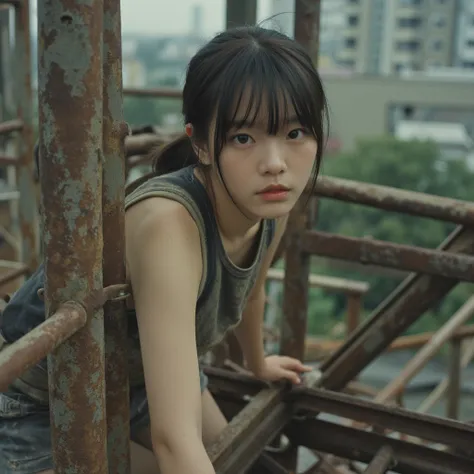 live-action, middle school girl, low ponytail, worn and dirty black tank top, rough skin,I'm climbing a rusty building in Shinjuku , Park at noon, dirty gray jersey shorts , serious expression