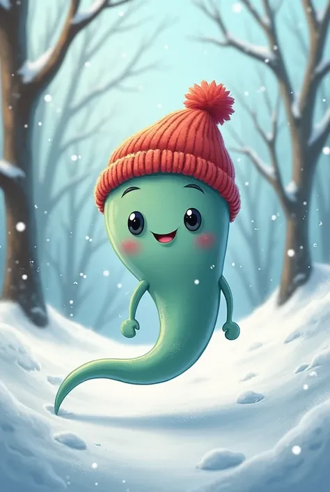 A sperm wearing a beanie for wormth in a winter scene