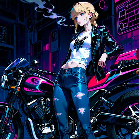 cool beauty female, blonde hair, braid, latex jacket, Loose shirt, skinny jeans, lean back, smoking cigarette, smoke, motorcycle, midnight neon town, maximum masterpiece, vibrant colors, high contrast, absurdres extremely, extremely textures, intricate det...