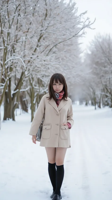 Snow is piling up on street trees in winter、A woman in her 20s wearing a coat、Short hair with a composition where you can see your whole body、 I'm wearing a pleated miniskirt and thick black tights underneath、I'm wearing boots and a scarf wrapped 