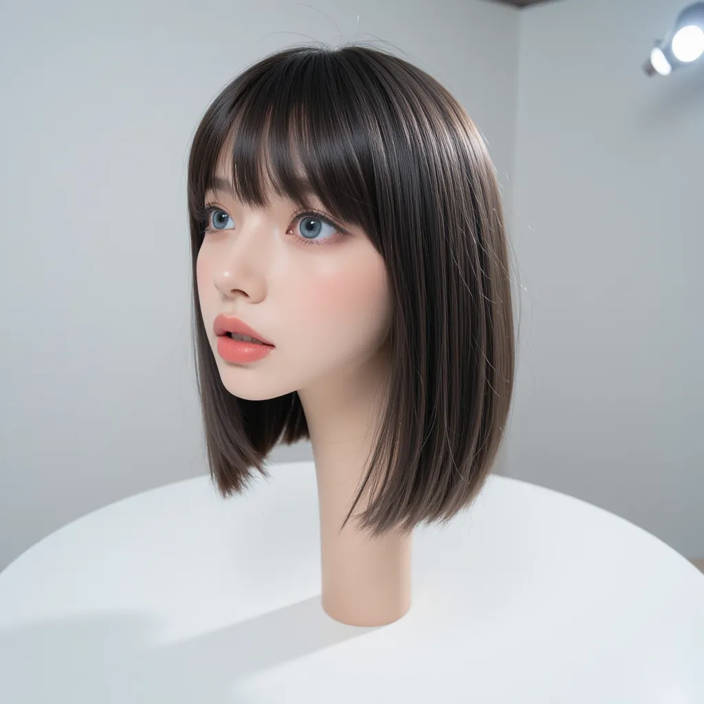 A beautiful young woman's disembodied head stands on a white table, in a white room, in side view. She has beautiful, straight, thick, smooth, silky, shiny, dark ash, bob hair with thick, long bangs. Her face is straight ahead, eyes up. Her deep blue eyes ...