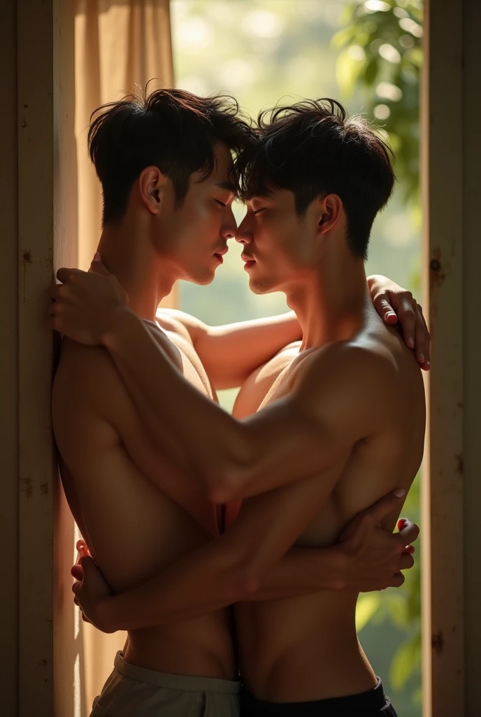 Two Korean men kissing each other in an open-legged embrace