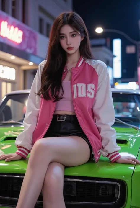 a pretty young Korean woman in pink and white racer jacket and leather shorts, sitting on a neon green muscle car's hood, neon lights background bokeh, photorealistic, photorealistic IMAX, high-definition, 8K resolution, view from below, she's looking down...