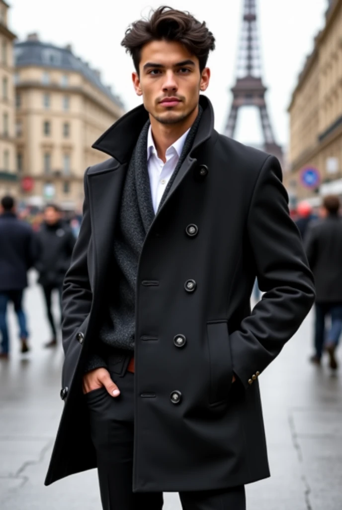  A young man,  brown, with short black hair , delgado, with almond-shaped eyes, elegant and that he wears a black jacket , a white shirt,  some black chinis and some brown leather boots and that he is in Paris 