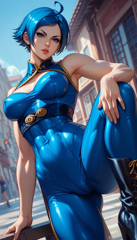 ElizabethXI, blue hair, blue eyes, ahoge、 Shiny Hair、Upper body、Tight waist、Small waist、Glowing Skin、Pose Seductive, Black eyeshadow, street style wear, Tight-fitting pants, Knee High Leather Boots,