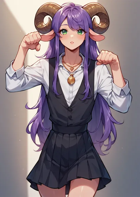 score_8_ upwards, score_7_ upwards, score_6_ upwards, score_5_ upwards, score_4_ upwards, anime screenshot
1femboy, One,  long hair,  purple hair , sheep horns, green eyes,  standing,  upwardsper body,  looks at the viewer, black vest ,  white shirt, skirt...