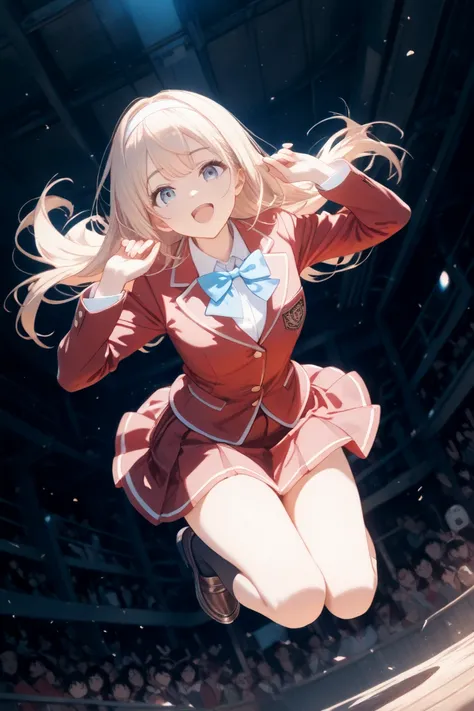 masterpiece, high score, great score, absurdres,   1girl  ,alone,white hairband  ,long hair,school uniform, white shirt,long sleeves,red blazer,red skirt,blue bowtie,blue sbsh,;d,hands up,jumping,looking_at_viewer,face focus,dynamic angle,full body, soft c...