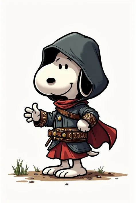 Create Snoopy wearing the Assassin's Creed costume with an animated white background like the old series