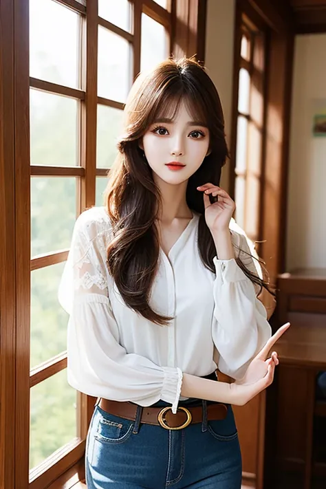 (High quality), large window_ beautiful spring day, K-POP girl, bright sunlight in the room_ lighting, long brown hair, bangs, light makeup, artistic pattern long blouse, sleeves_ rolled up, jeans_ thin belt, right hand on torso, left hand touching face,