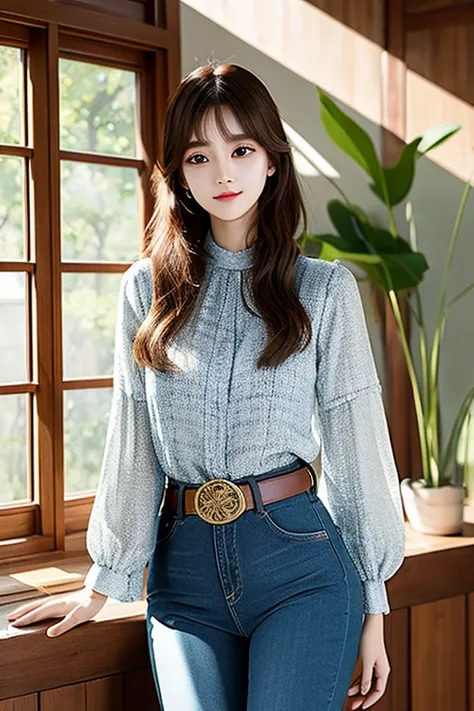 (High quality), large window_ beautiful spring day, K-POP girl, bright sunlight in the room_ lighting, long brown hair, bangs, light makeup, artistic pattern long blouse, sleeves_ rolled up, jeans_ thin belt, right hand on torso, left hand touching face,