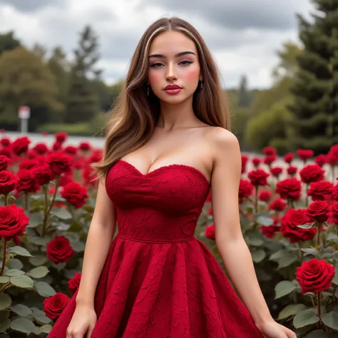 beautiful brunette, Wearing red dress done (red roses) strapless,)) (22 years old,  naturally wavy hair , (blue eyes)), standing, natural, summer (( front view, lateral, perfeita)),  masterpiece ,  best quality,  Ultra-detailed, Alone, modern (ela esta em ...