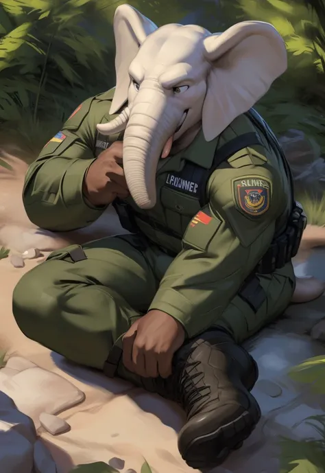 male, anthro, muscle, black green Army uniform , ( polar​ elephant​ ),​Lying on the floor, marines outfit, marines,boot camp,half length portrait, , by zackary911, chunie, meesh, kiyosan, sigma x, bara, detailed background, Sexual​ Emotions​ happy​,​