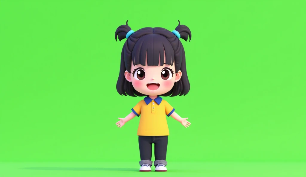 a girl, yellow polo shirt with blue collar, black jeans, black hair tied neatly with bangs, vietnamese, chibi style, green screen, looking straight at the camera, 02 hands down and out