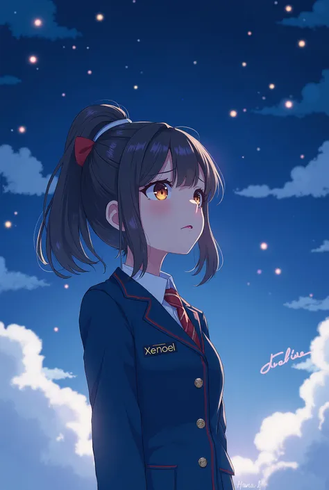 A girl with a blue night and a starry feeling, I'm wearing something like a uniform with the letters XENOEL on it. It looks like an anime character