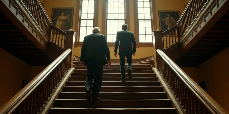 A medium-wide shot (Plano Conjunto) of Graeff and Nestor seen from behind as they ascend a grand wooden staircase inside an old Brazilian building from the late 19th or early 20th century. The staircase is wide and ornate, featuring intricately carved wood...