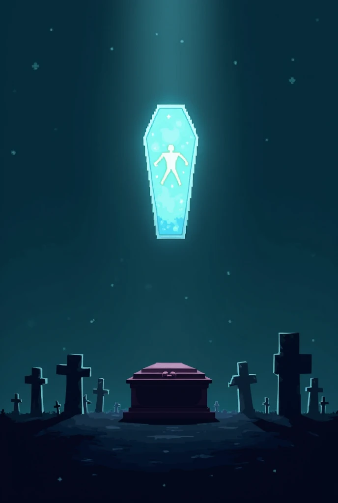 A coffin and a floating spirit with a pixel graveyard