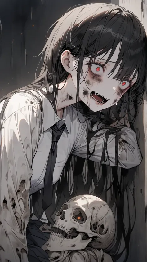 ((True best masterpiece, Ultimately perfect quality, Extremely delicate details, True anatomy)), ((Grotesque, Horror)), ((A dead girl, Decayed, Rotten)), With skinny body and small breasts, Black hair and gloomy eyes, Terribly injured body, Rotten skin, Sk...