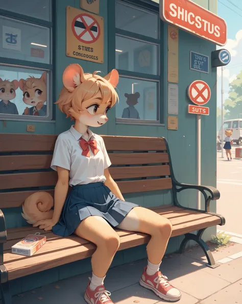 Rural bus stop, two furry hamster schoolgirls , skirt , sitting on a bench , Unprotected , spread legs , bare panty , looking away