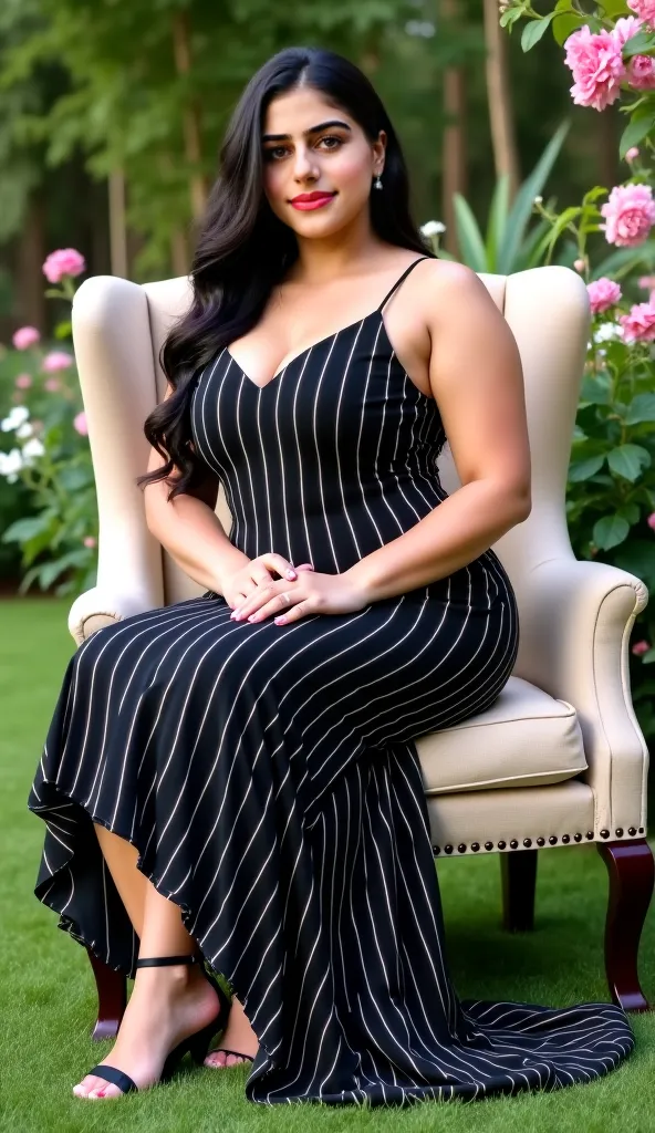 A stunning **25-year-old slightly thick woman** with **long, toned thick legs, a slightly thick curvy body, and long, black thick, flowing hair** sits on the luxury chair in a lush garden, surrounded by vibrant greenery and blooming flowers. She wears a **...