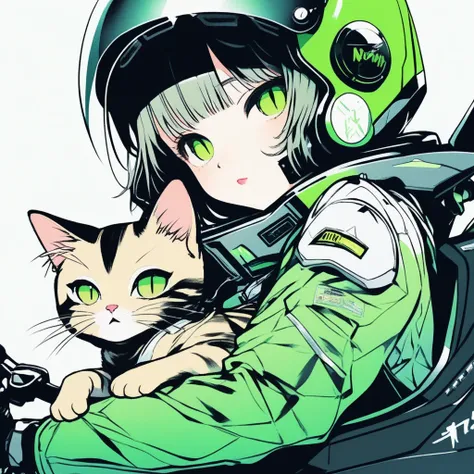  illustrator , Anime ,  by Nomi , sketch ,  in the seat, ,lip, MOTORBIKE SUIT  , Neon Hair, TEXTURE TRIM, Black Haired Girl 、I'm weaning a tabby cat、, ( masterpiece, top quality)、 face close-up、 angle from above、background khaki gradient