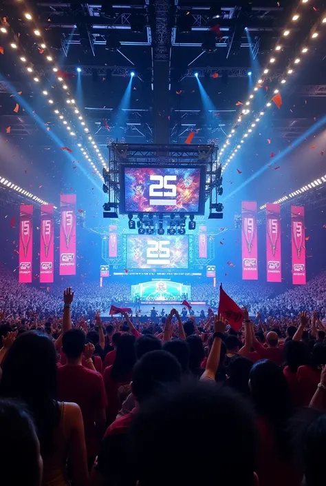 An intense EAFC 25 (7th Southeast Junior Championship). esports tournament in Jakarta, Indonesia, with a massive crowd of hundreds cheering in a packed arena. The atmosphere is electric, with fans waving banners and commentators hyping up the match. The fu...