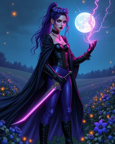 Full-body young female sorceress stands in a vast blueberry field under the night sky, wielding an ornate black blade sword with glowing purple veins. Her piercing violet eyes radiate arcane power, yet her innocent gaze adds a mysterious contrast. Dark eye...