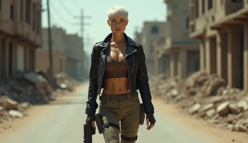 a female combat officer, walking slowly on an empty street, partially destroyed city, protecting peacekeepers, pretty seductive face, crop short white hair, caucasian, tanned, tight brown shirt showing tits, hard nipples, short black leather jacket, tactic...