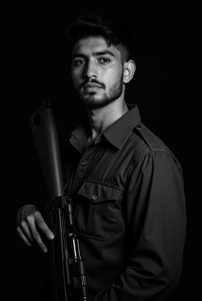 A picture of a young recruit carrying his automatic weapon and wearing a military uniform 
He has short, dark hair and a well-groomed beard. His facial features are not well represented. It is a black and white photo and the lighting is dramatic, with shad...