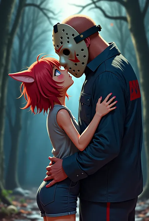 Red short hair nekomimi girl kiss Jason Voorhees, anime style