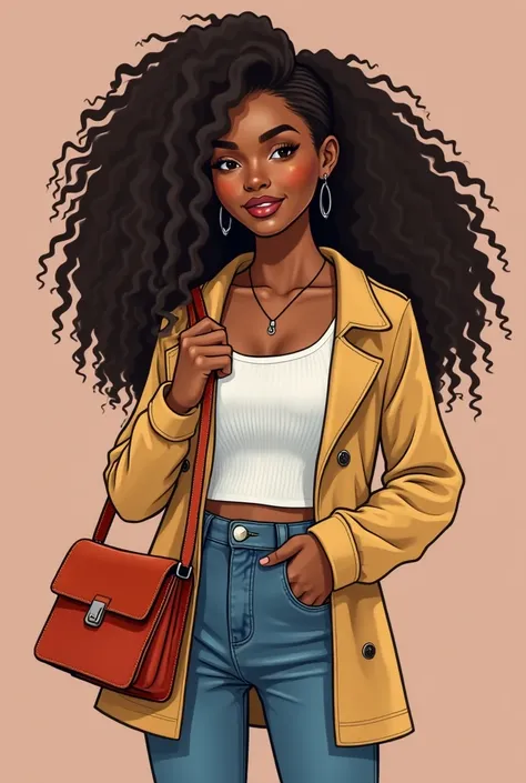  create a beautiful girl with a bag that was bought in a store , (Let me see the store where I bought her bag ),  with curly hair and who has trendy clothes on and that is neither white nor dark in skin tone.
