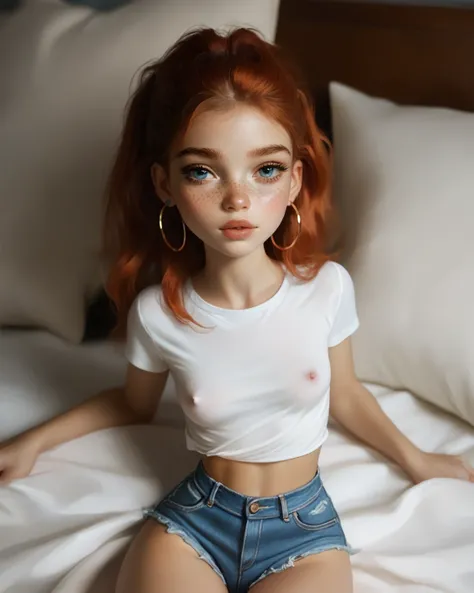 A cute young girl, short tight shirt, very short jean shorts, small breasts, Slender body, Very detailed, Anatomically correct, redhead, short straight hair, bright blue eyes, full lips, shiny lips, cat eye makeup, hoop earrings, nipples poking, kneeling o...